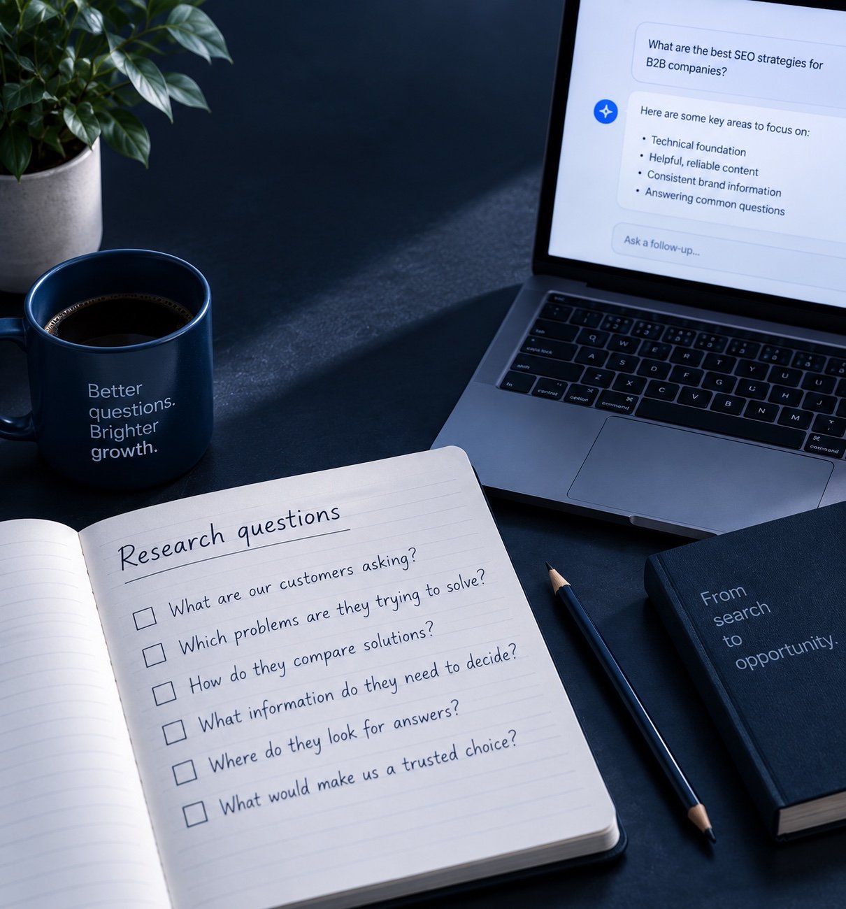 AI search research on a laptop beside a notebook of customer questions