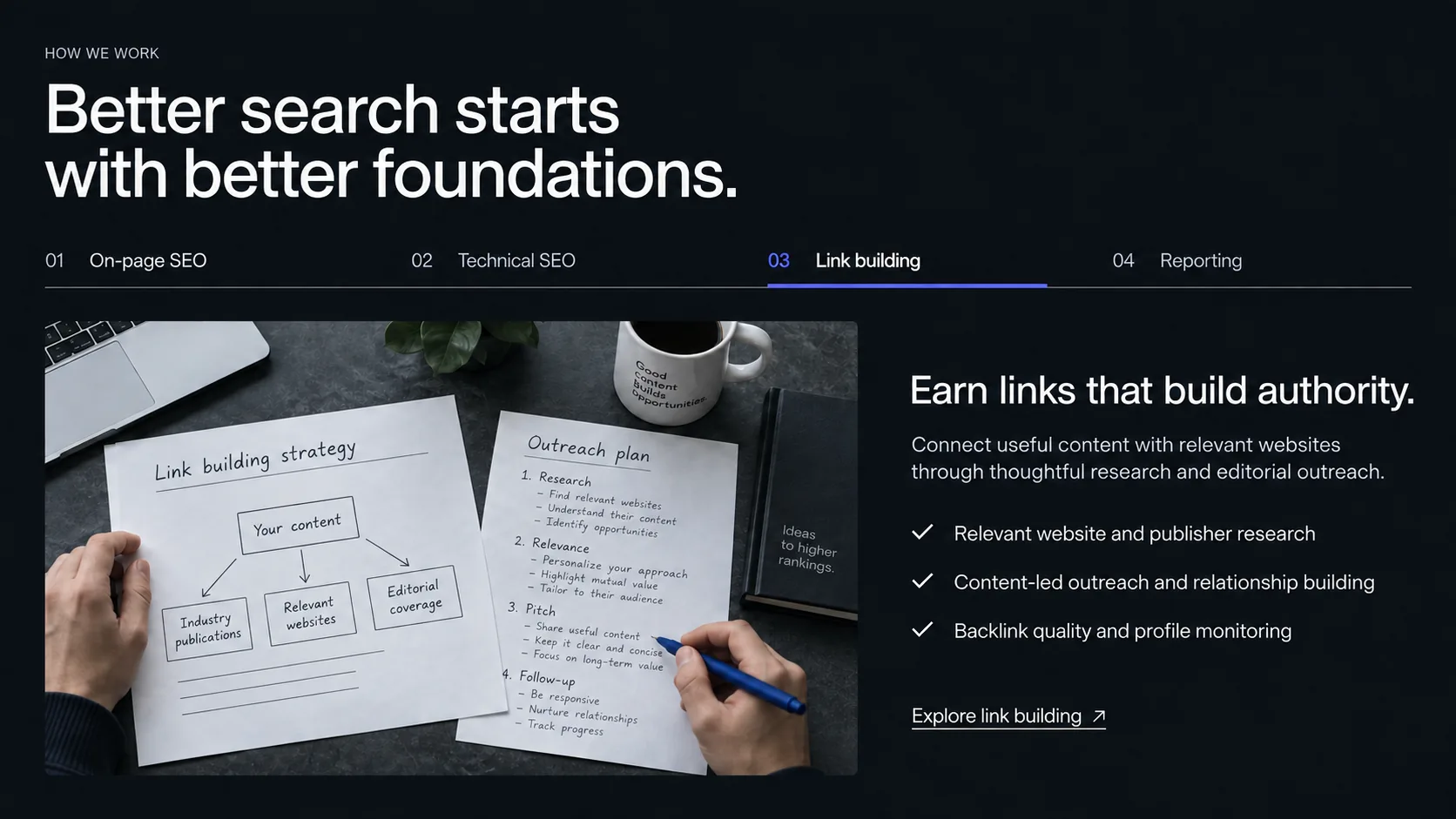 A link building strategy diagram and editorial outreach plan illustrated on a desk.