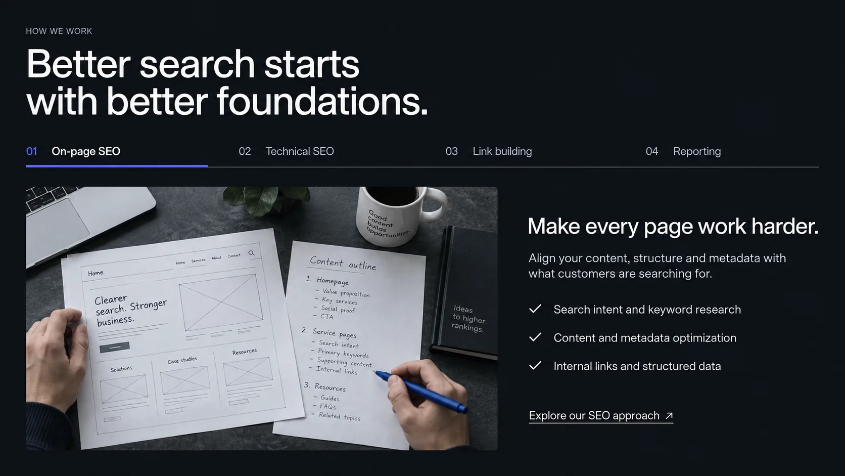 A webpage wireframe and content outline illustrated on a desk.