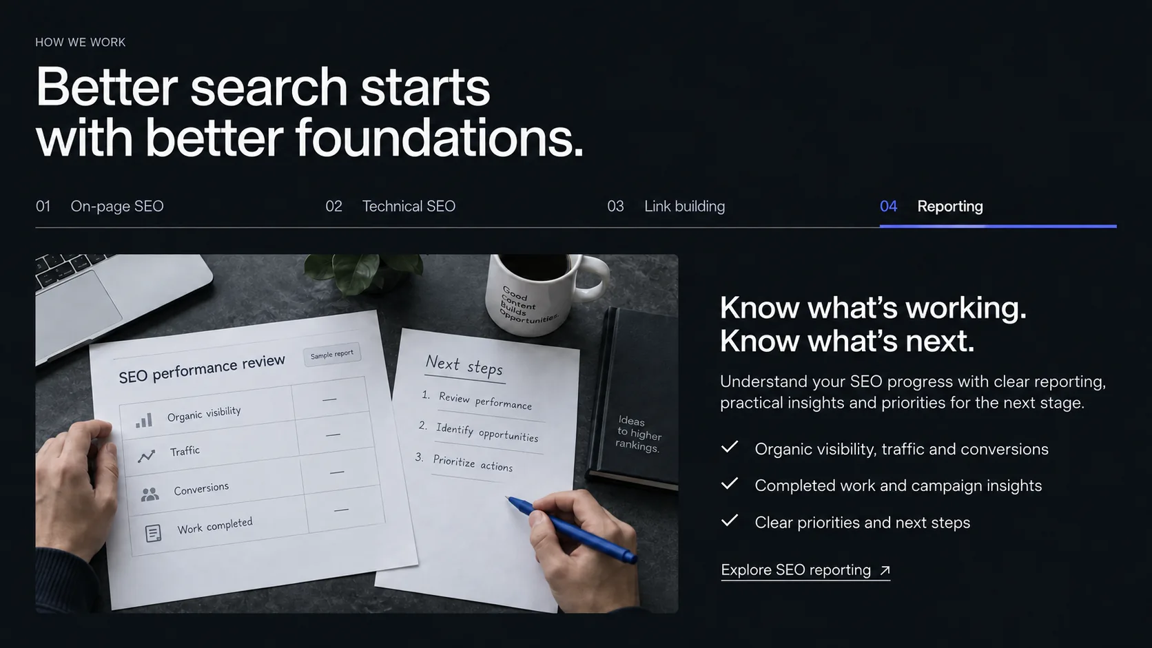 An SEO performance report and next-steps checklist illustrated on a desk.