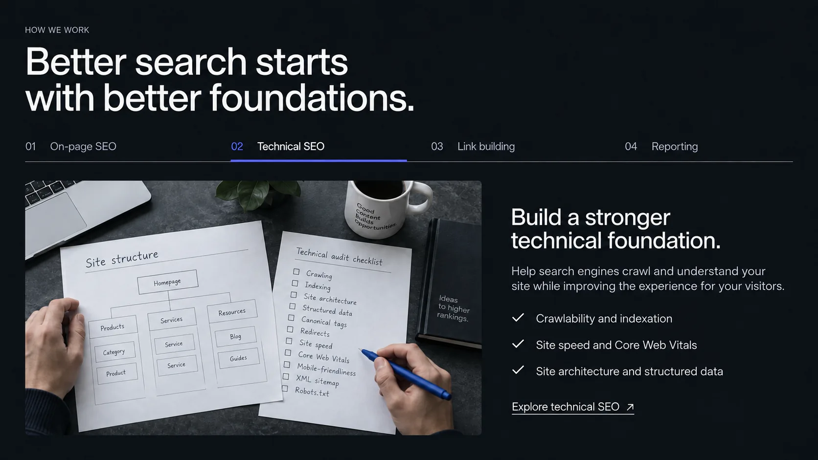 A site structure diagram and technical SEO checklist illustrated on a desk.
