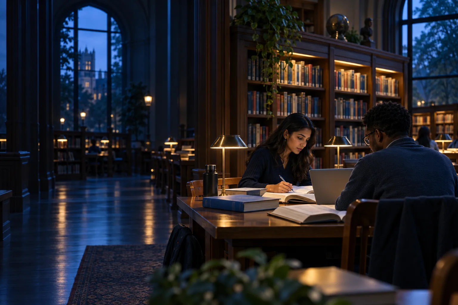 Illustration of adult students researching their studies in a university library