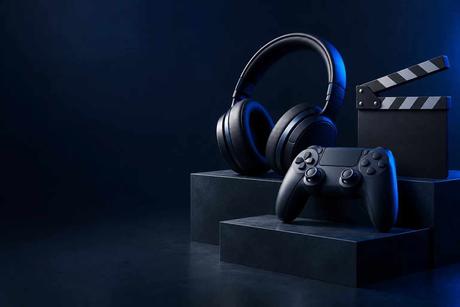 Conceptual entertainment and gaming studio with controller, headphones and cinema clapperboard