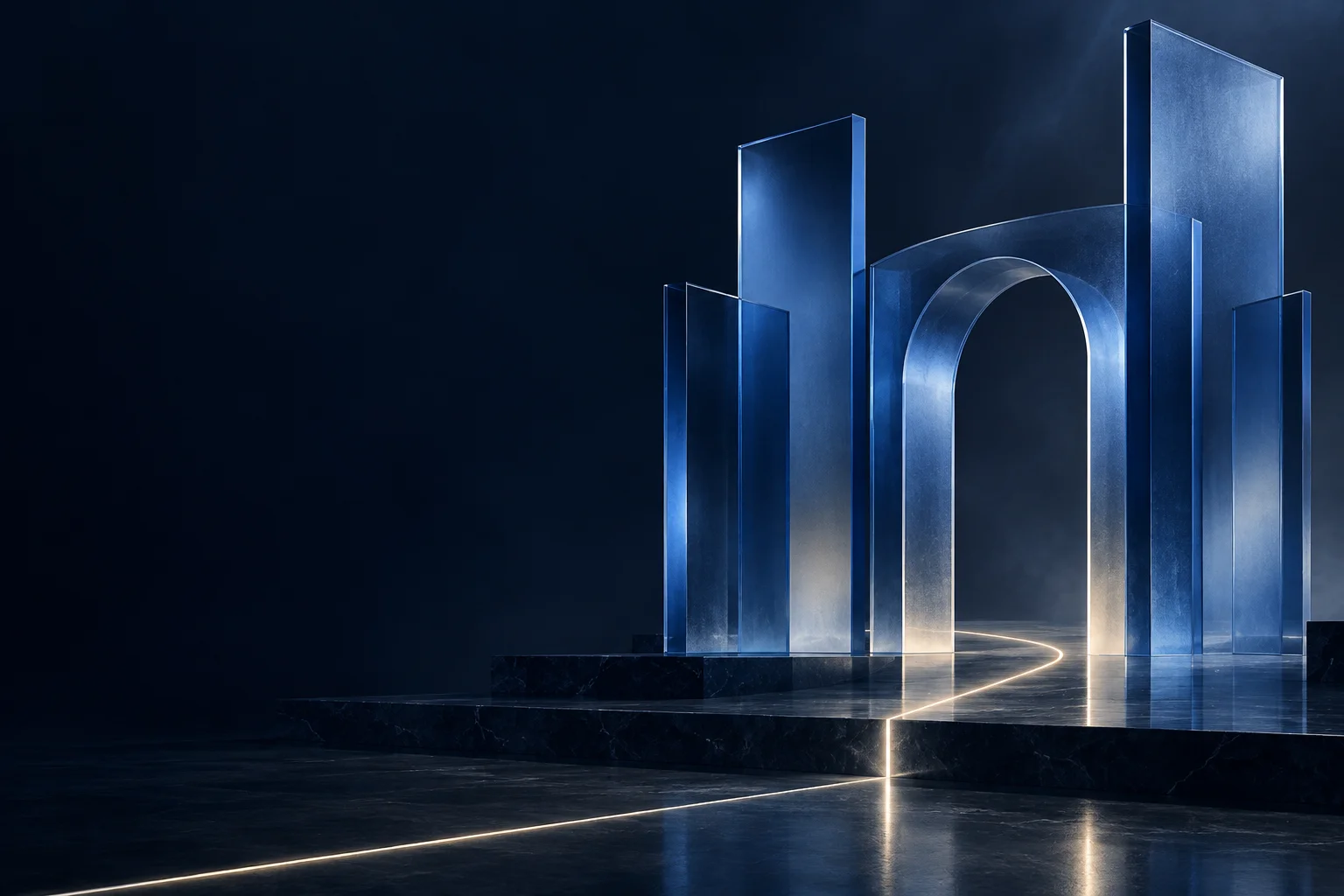 Abstract blue glass architecture with an illuminated path