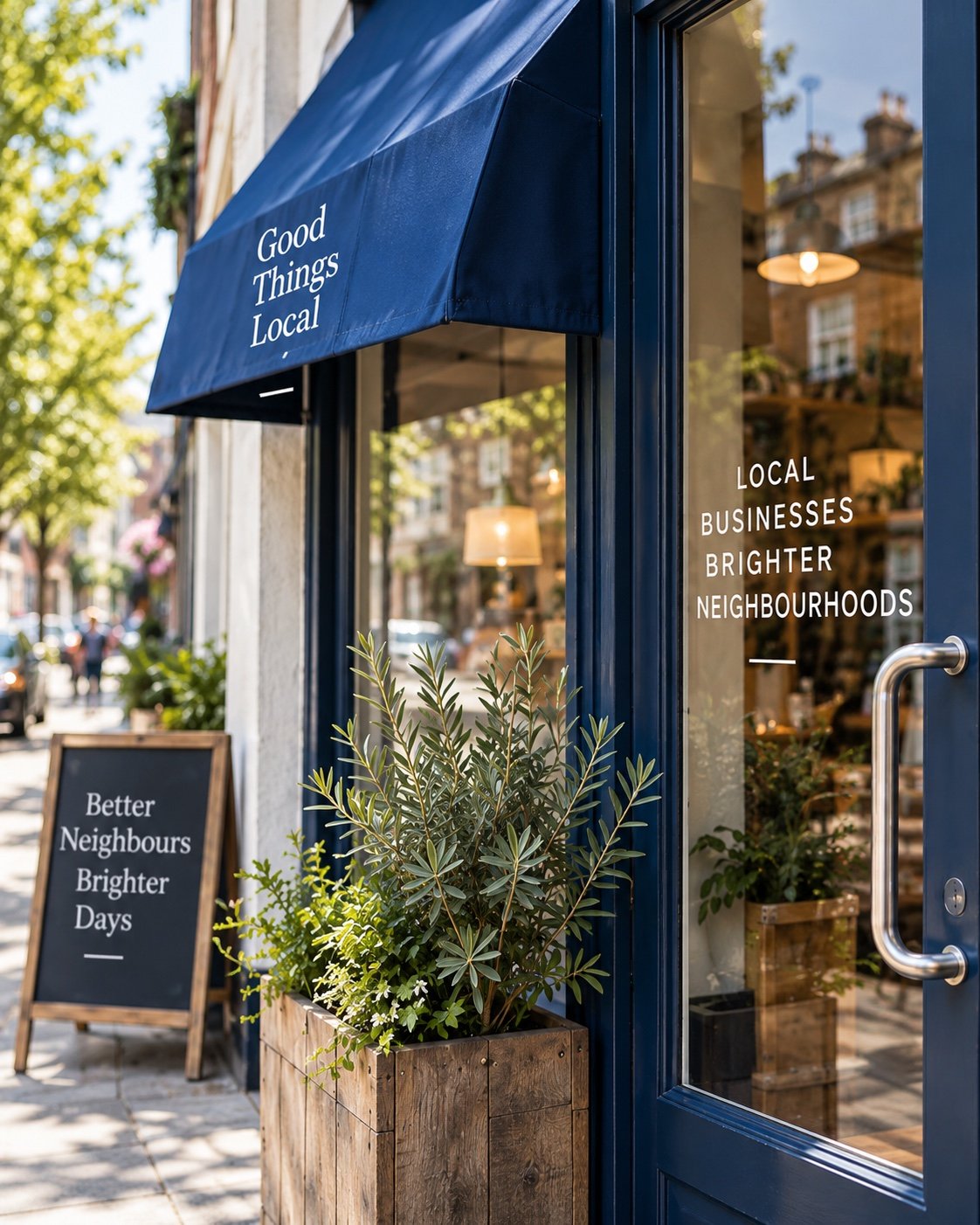A welcoming neighborhood shop with a blue awning and a planted storefront
