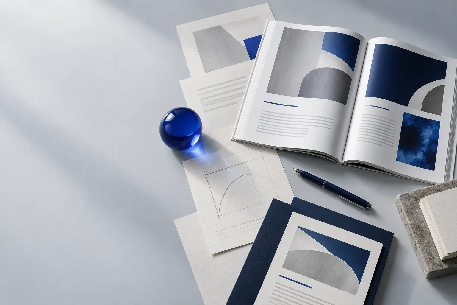 Editorial illustration of an article draft and publishing materials