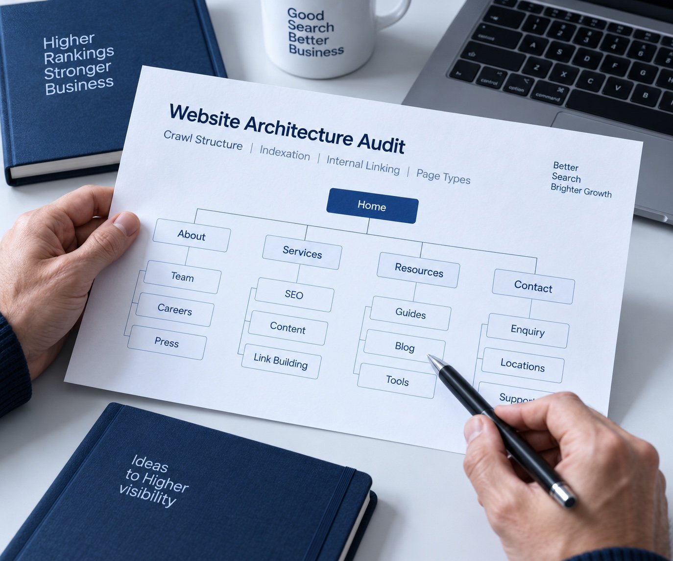 Hands reviewing a website architecture audit and page hierarchy