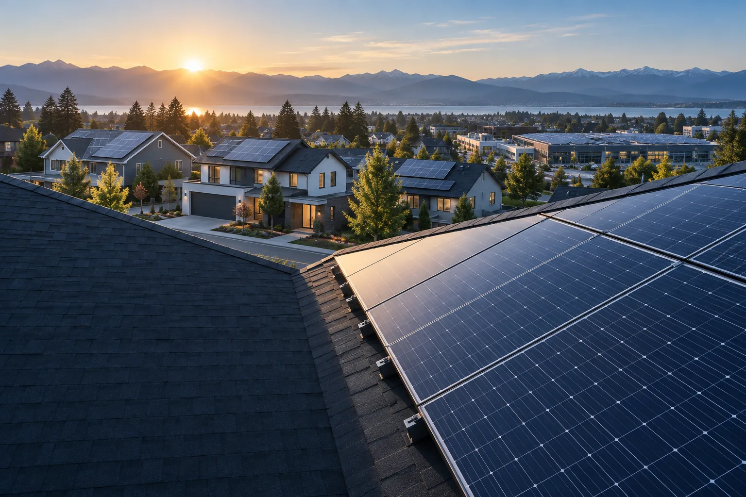 Illustration of a neighborhood with rooftop solar installations