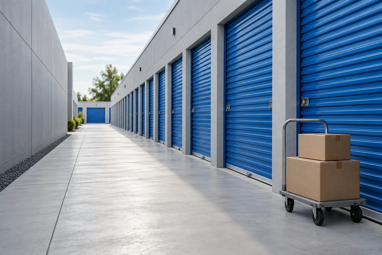 Conceptual self-storage facility with blue doors and a moving trolley